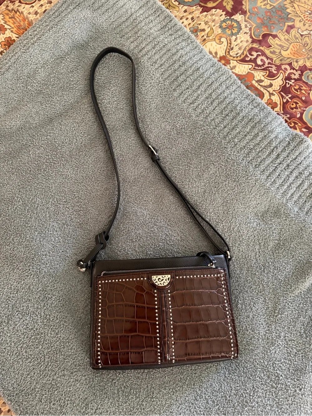 Brighton Brown Croc Embossed Crossbody Bag Studded Leather Unused